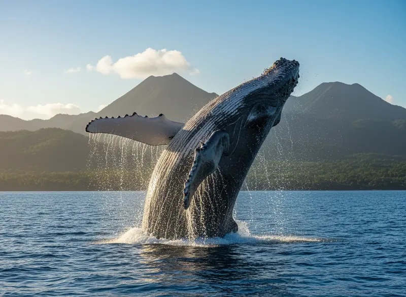 Baleine à bosse effectuant un saut spectaculaire hors de l'eau devant les montagnes verdoyantes de Bouillante en Guadeloupe