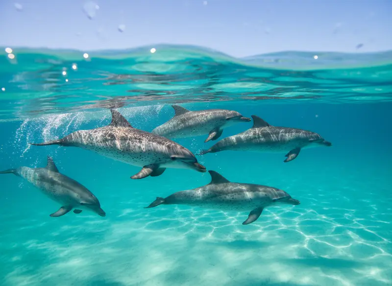Groupe de dauphins tachetés de l'Atlantique nageant en surface dans les eaux cristallines de la mer des Caraïbes en Guadeloupe