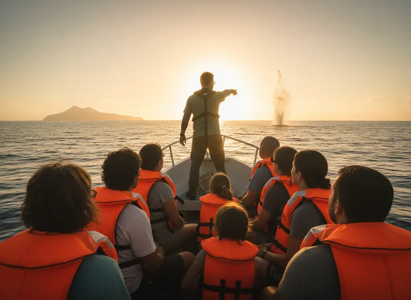 Guide marin pointant un souffle de baleine à l'horizon lors d'une excursion cétacés au départ de Bouillante en Guadeloupe