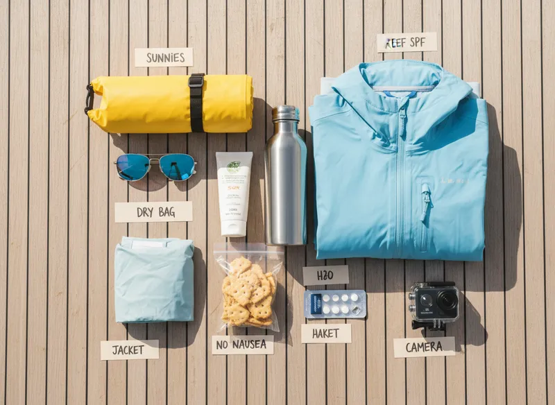 Vue de dessus d'une sélection d'équipements indispensables pour une sortie baleine en Guadeloupe : lunettes polarisantes, sac étanche, crème solaire respectueuse des récifs, comprimés contre le mal de mer, crackers salés, coupe-vent imperméable et appareil photo waterproof posés sur un pont en teck.