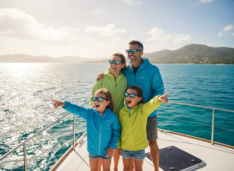 Une famille avec deux enfants en bas âge à la proue d'un bateau d'excursion baleine en Guadeloupe, portant des coupe-vents et des lunettes polarisantes, regardant l'horizon en mer des Caraïbes.