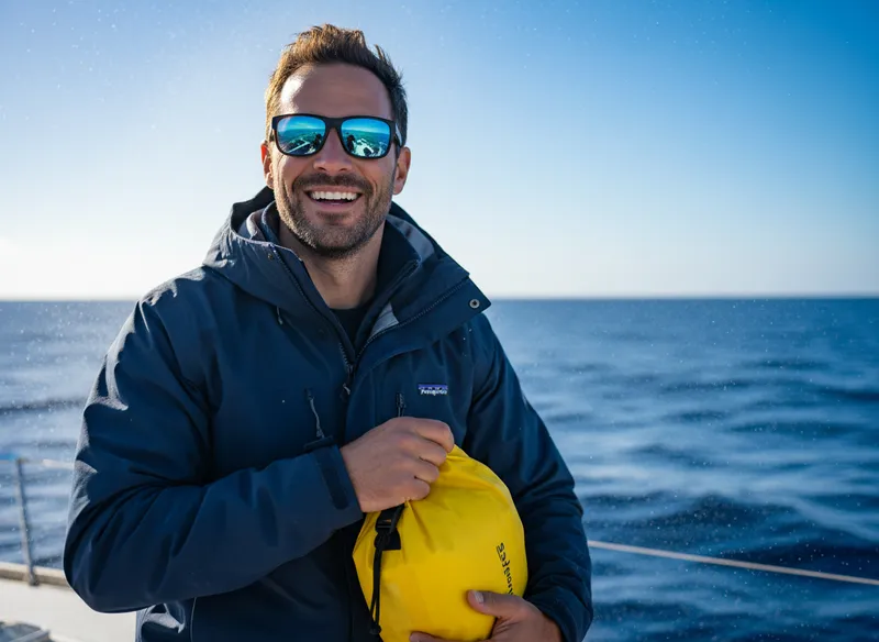 Homme sur un bateau en Guadeloupe portant la tenue idéale pour l'observation des cétacés : coupe-vent déperlant, lunettes polarisantes et sac étanche.